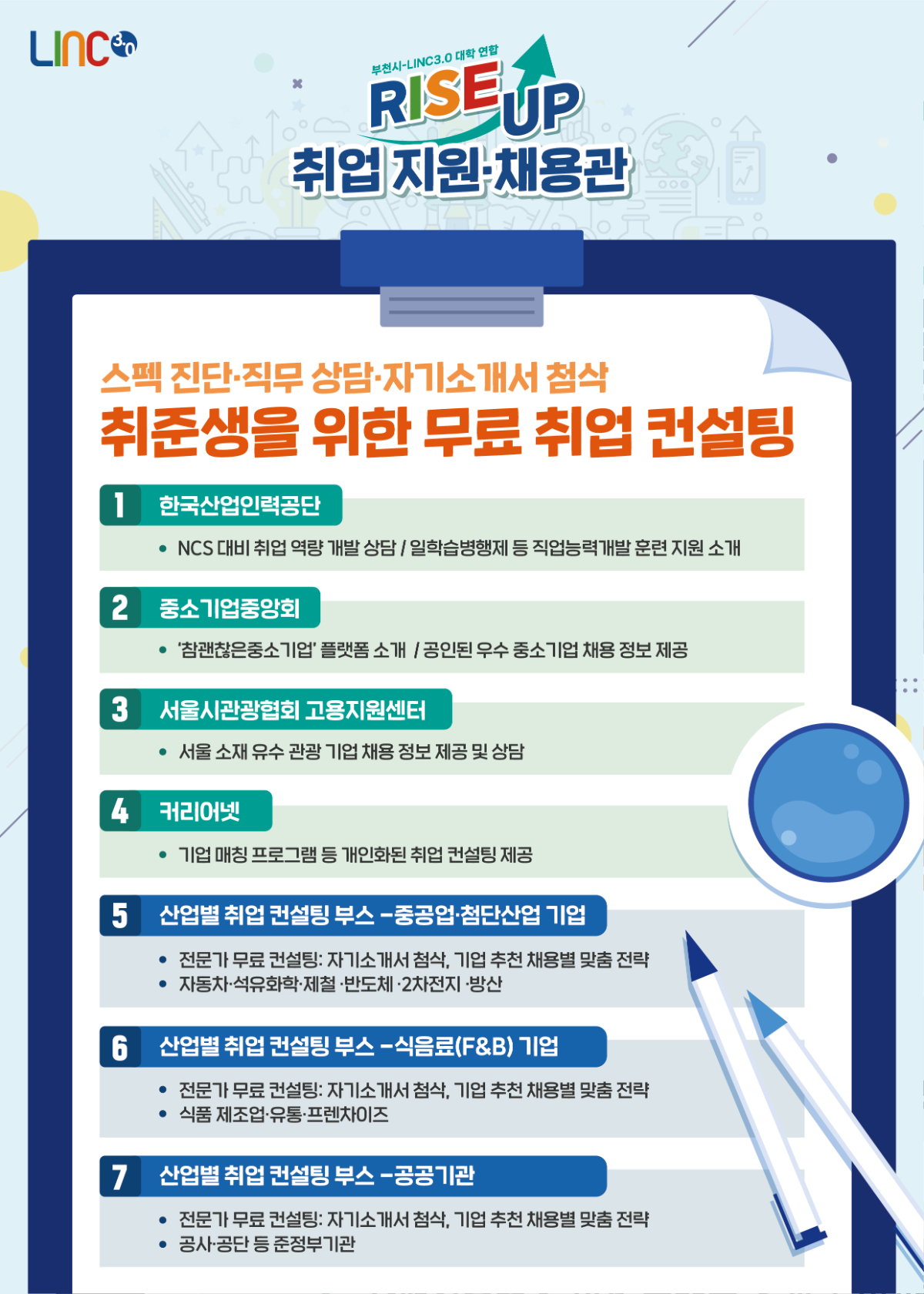 LINC3.0 부천시-LINC3.0 대학 연합 RISE UP 취업 지원 채용관 스펙 진단·직무 상담·자기소개서 첨삭 취준생을 위한 무료 취업 컨설팅 1 한국산업인력공단 : NCS 대비 취업 역량 개발상담/일학습병행제 등 직업능력개발훈련 지원 소개 2 중소기업중앙회 :  '참괜찮은중소기업 플랫폼 소개/공인된 우수 중소기업 채용 정보 제공 3 서울시관광협회 고용지원센터 : 서울 소재 유수 관광 기업 채용정보제공 및 상담 4 커리어넷 : 기업 매칭 프로그램 등 개인화된 취업 컨설팅 제공 5 산업별 취업컨설팅 부스-중공업·첨단산업 기업 : 전문가 무료 컨설팅-자기소개서 첨삭, 기업 추천채용별 맞춤 전략, 자동차·석유화학·제철·반도체·2차전지방산 6 산업별 취업 컨설팅 부스-식음료(F&B) 기업 : 전문가 무료 컨설팅-자기소개서 첨삭, 기업 추천채용별 맞춤 전략, 식품 제조업·유통·프렌차이즈 7 산업별 취업 컨설팅부스-공공기관 : 전문가 무료 컨설팅: 자기소개서 첨삭, 기업 추천채용별 맞춤 전략 , 공사·공단 등 준정부기관