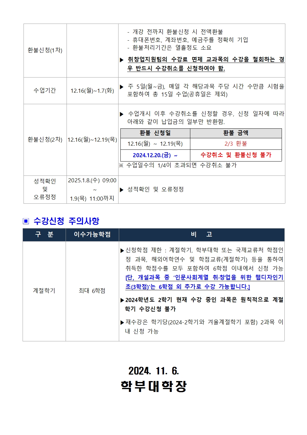 환불신청(1차)  - 개강 전까지 환불신청 시 전액환불 - 휴대폰번호, 계좌번호, 예금주를 정확히 기입 - 환불처리기간은 열흘정도 소요 ▶ 취창업지원팀의 수강료 면제 교과목의 수강을 철회하는 경 우 반드시 수강취소를 신청하여야 함.  수업기간  12.16(월)~1.7(화)  ▶ 주 5일(월~금), 매일 각 해당과목 주당 시간 수만큼 시험을 포함하여 총 15일 수업(공휴일은 제외)  환불신청(2차)  12.16(월)~12.19(목)  ▶ 수업개시 이후 수강취소를 신청할 경우, 신청 일자에 따라 아래와 같이 납입금의 일부만 반환함. 환불 신청일 12.16(월) ~ 12.19(목)  환불 금액 2/3 환불  2024.12.20.(금) ~ 수강취소 및 환불신청 불가  ※ 수업일수의 1/4이 초과되면 수강취소 불가  성적확인 및 오류정정  2025.1.8.(수) 09:00 ~ 1.9(목) 11:00까지    ▶ 성적확인 및 오류정정  구 분  수강신청 주의사항 이수가능학점  비 고  계절학기  최대 6학점  ▶신청학점 제한 : 계절학기, 학부대학 또는 국제교류처 학점인 정 과목, 해외어학연수 및 학점교류(계절학기) 등을 통하여 취득한 학점수를 모두 포함하여 6학점 이내에서 신청 가능 [단, 개설과목 중 '인문사회계열 취·창업을 위한 웹디자인기 초(3학점)'는 6학점 외 추가로 수강 가능합니다.]  ▶2024학년도 2학기 현재 수강 중인 과목은 원칙적으로 계절 학기 수강신청 불가  ▶ 재수강은 학기당(2024-2학기와 겨울계절학기 포함) 2과목 이 내 신청 가능  2024. 11. 6. 학부대학장