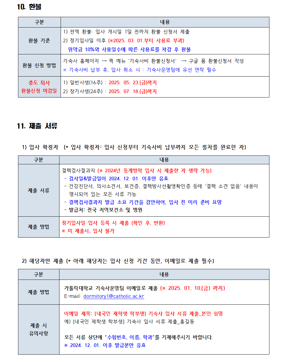 11. 제출 서류 1) 입사 확정자(입사 확정자: 입사 신청부터 기숙사비 납부까지 모든 절차를 완료한 자) 구분 내용 제출 서류 결핵검사결과지 (* 2024년 동계방학 입사 시 제출한 자 생략 가능) 검사일&발급일이 2024. 12. 01. 이후만 유효 건강진단서, 의사소견서, 보건증, 결핵방사선촬영확인증 등에 '결핵 소견 없음' 내용이 명시되어 있는 모든 서류 가능 결핵검사결과지 발급 소요 기간을 감안하여, 입사 전 미리 준비 요망 발급처: 전국 지역보건소 및 병원  제출 방법 정기입사일 입사 등록 시 제출 (확인 후, 반환) * 미 제출시, 입사 불가 2) 해당자만 제출(* 아래 해당자는 입사 신청 기간 동안, 이메일로 제출 필수) 구분 내용 제출 방법 가톨릭대학교 기숙사운영팀 이메일로 제출 (※ 2025. 01. 10.(금) 까지) E-mail: dormitory1@catholic.ac.kr 제출 시 유의사항 이메일 제목: [내국인 재학생 학부생] 기숙사 입사 서류 제출 본인 성명 예) [내국인 재학생 학부생] 기숙사 입사 서류 제출 홍길동 모든 서류 상단에 "수험번호, 이름, 학과"를 기재해주시기 바랍니다. * 2024. 12. 01. 이후 발급분만 유효