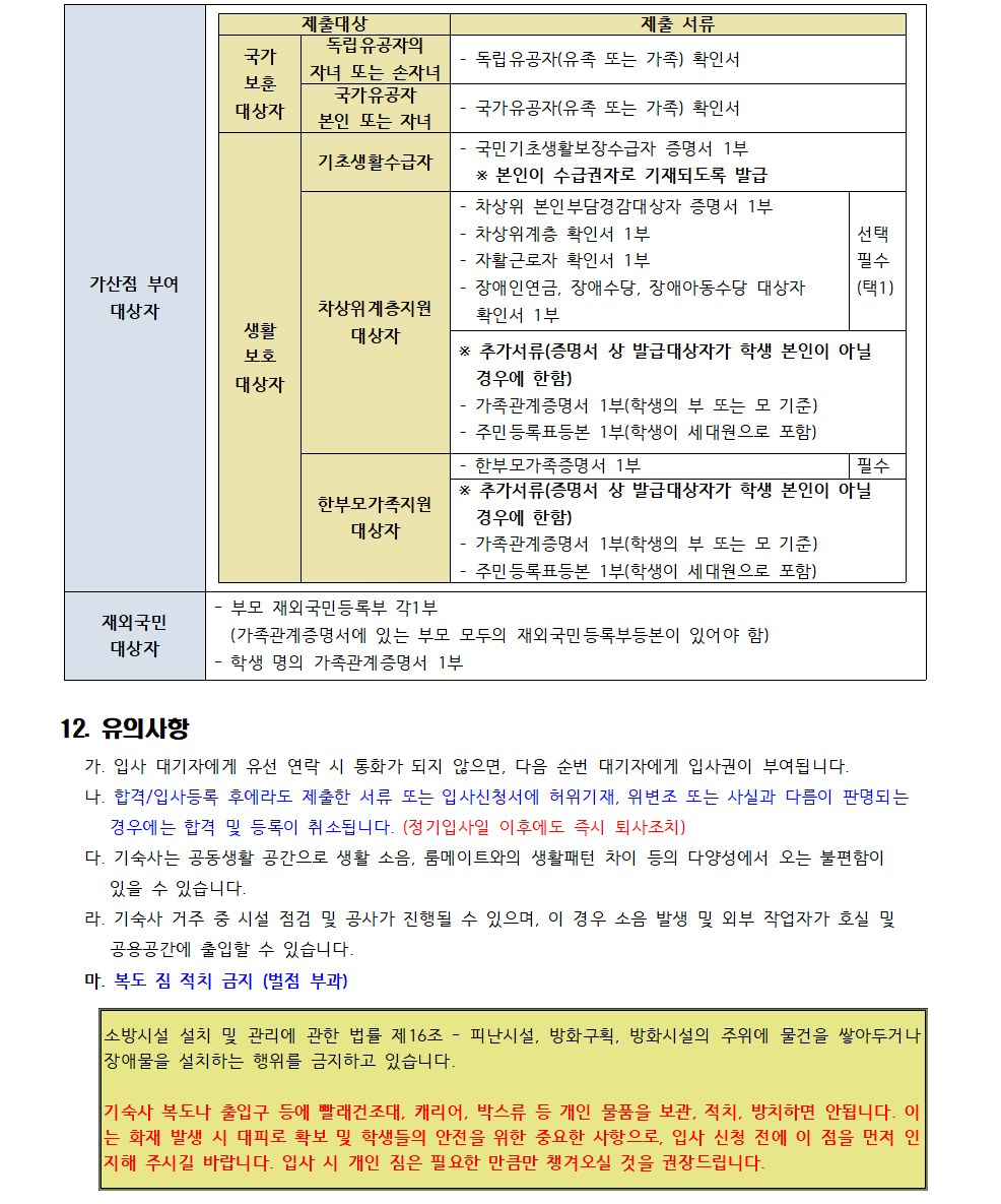 가산점 부여 대상자 제출대상 제출 서류 국가 보훈 대상자 독립유공자의 자녀 또는 손자녀 독립유공자(유족 또는 가족) 확인서 국가유공자 본인 또는 자녀 국가유공자(유족 또는 가족) 확인서 생활 보호 대상자 기초생활수급자 국민기초생활보장수급자 증명서 1부 * 본인이 수급권자로 기재되도록 발급 차상위 계층지원 대상자 - 차상위 본인부담경감대상자 증명서 1부 차상위계층 확인서 1부 - 자활근로자 확인서 1부 장애인연금, 장애수당, 장애아동수당 대상자 확인서 1부 선택 필수 (택1) * 추가서류(증명서 상 발급대상자가 학생 본인이 아닐 경우에 한함) 가족관계증명서 1부(학생의 부 또는 모 기준) 주민등록표등본 1부(학생이 세대원으로 포함)  한부모가족지원 대상자 한부모가족증명서 1부 필수 * 추가서류(증명서 상 발급대상자가 학생 본인이 아닐 경우에 한함) - 가족관계증명서 1부(학생의 부 또는 모 기준) - 주민등록표등본 1부(학생이 세대원으로 포함) 재외국민 대상자 - 부모 재외국민등록부 각1부 (가족관계증명서에 있는 부모 모두의 재외국민등록부등본이 있어야 함) - 학생 명의 가족관계증명서 1부 12. 유의사항 가. 입사 대기자에게 유선 연락 시 통화가 되지 않으면, 다음 순번 대기자에게 입사권이 부여됩니다. 나. 합격/입사등록 후에라도 제출한 서류 또는 입사신청서에 허위기재, 위변조 또는 사실과 다름이 판명되는 경우에는 합격 및 등록이 취소됩니다. (정기입사일 이후에도 즉시 퇴사조치) 다. 기숙사는 공동생활 공간으로 생활 소음, 룸메이트와의 생활패턴 차이 등의 다양성에서 오는 불편함이 있을 수 있습니다. 라. 기숙사 거주 중 시설 점검 및 공사가 진행될 수 있으며, 이 경우 소음 발생 및 외부 작업자가 호실 및 공용공간에 출입할 수 있습니다. 마. 복도 짐 적치 금지 (벌점 부과) 소방시설 설치 및 관리에 관한 법률 제16조 피난시설, 방화구획, 방화시설의 주위에 물건을 쌓아두거나 장애물을 설치하는 행위를 금지하고 있습니다. 기숙사 복도나 출입구 등에 빨래건조대, 캐리어, 박스류 등 개인 물품을 보관, 적치, 방치하면 안됩니다. 이 는 화재 발생 시 대피로 확보 및 학생들의 안전을 위한 중요한 사항으로, 입사 신청 전에 이 점을 먼저 인 지해 주시길 바랍니다. 입사 시 개인 짐은 필요한 만큼만 챙겨오실 것을 권장드립니다.