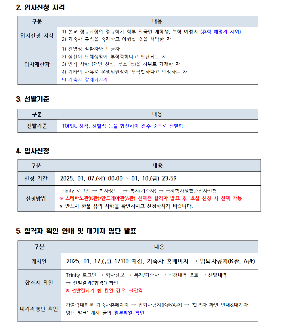 2. 입사신청 자격 구분 내용  입사신청 자격 1) 본교 정규과정의 정규학기 학부 외국인 재학생, 복학 예정자 (휴학 예정자 제외) 2) 기숙사 규정을 숙지하고 이행할 것을 서약한 자 입사제한자 1) 전염성 질환자와 보균자 2) 심신이 단체생활에 부적격하다고 판단되는 자 3) 인적 사항 (개인 신상, 주소 등)을 허위로 기재한 자 4) 기타의 사유로 운영위원장이 부적합하다고 인정하는 자 5) 기숙사 강제퇴사자 3. 선발기준 구분 내용 선발기준 TOPIK, 성적, 상벌점 등을 합산하여 점수 순으로 선발함  4. 입사신청 구분 내용 신청 기간 2025. 01. 07.(화) 00:00~01. 10.(금) 23:59 신청방법 Trinity 로그인 → 학사정보 → 복지(기숙사)→ 국제학사생활관입사신청  * 스테파노관(K관)/안드레아관(A관) 선택은 합격자 발표 후, 호실 신청 시 선택 가능 * 반드시 환불 유의 사항을 확인하시고 신청하시기 바랍니다.  5. 합격자 확인 안내 및 대기자 명단 발표 내용 구분 게시일 2025. 01. 17.(금) 17:00 예정, 기숙사 홈페이지 입퇴사공지(K관, A관) 합격자 확인 Trinity 로그인 학사정보 복지/기숙사 신청내역 조회 선발내역 → 선발결과('합격) 확인 * 선발결과가 빈 칸일 경우, 불합격 대기자명단 확인 가톨릭대학교 기숙사홈페이지 입퇴사공지(K관/A관)→ '합격자 확인 안내&대기자 명단 발표' 게시 글의 첨부파일 확인