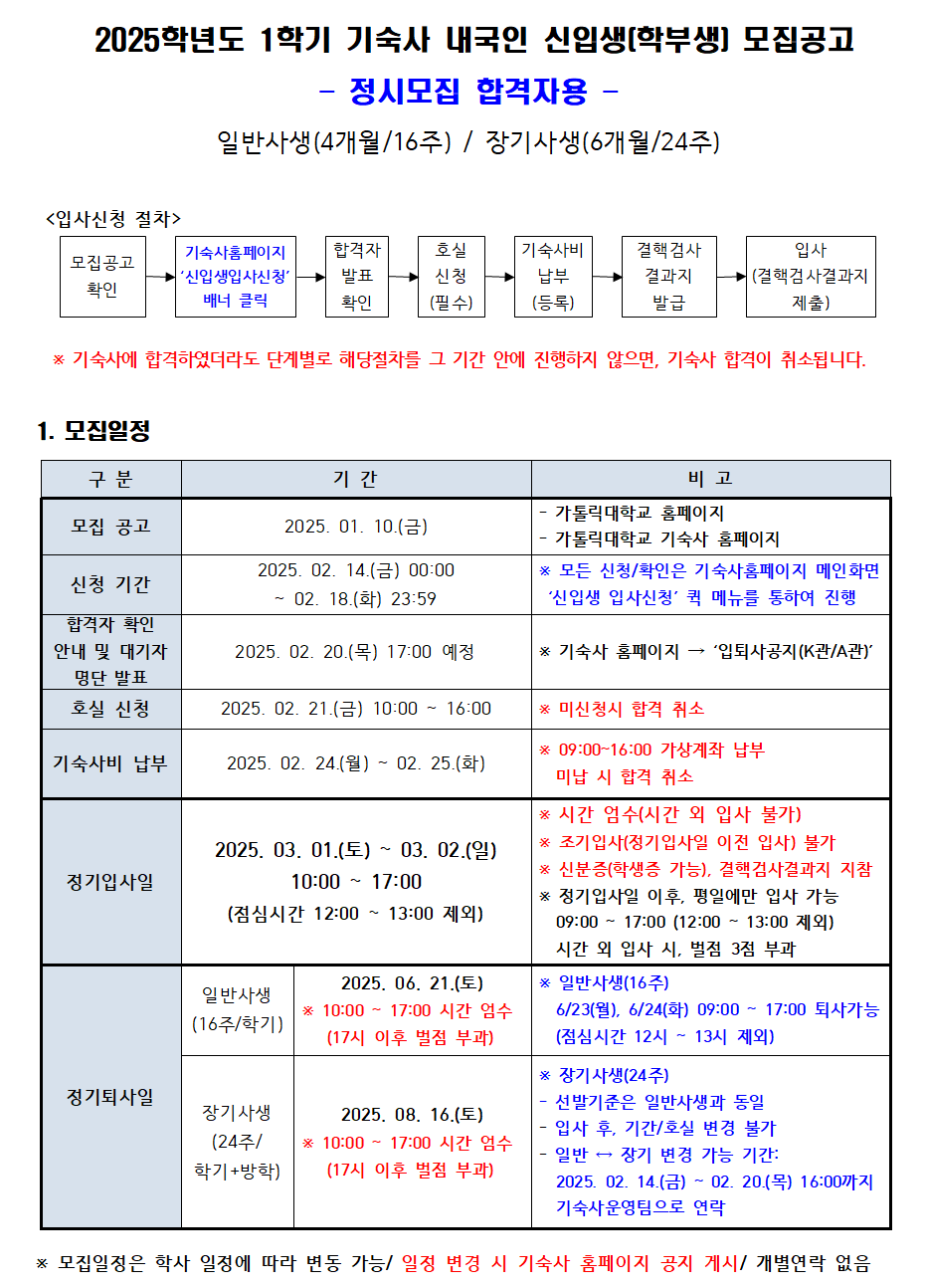 2025학년도 1학기 기숙사 내국인 신입생[학부생] 모집공고 - 정시모집 합격자용 - 일반사생(4개월/16주) / 장기사생(6개월/24주)  <입사신청 절차> 모집공고 확인 → 기숙사홈페이지 '신입생입사신청' 배너 클릭 → 합격자 발표 확인 → 호실신청 (필수) → 기숙사비 납부 → 결핵검사 결과지 발급  → 입사 ▶ (결핵검사결과지 제출)  ※ 기숙사에 합격하였더라도 단계별로 해당절차를 그 기간 안에 진행하지 않으면, 기숙사 합격이 취소됩니다.  1. 모집일정  (1) 모집 공고 : 2025. 01. 10.(금)   - 가톨릭대학교 홈페이지   - 가톨릭대학교 기숙사 홈페이지  (2) 신청 기간 : 2025. 02. 14.(금) 00:00 ~ 02. 18.(화) 23:59   * 모든 신청/확인은 기숙사홈페이지 메인화면 '신입생 입사신청' 퀵 메뉴를 통하여 진행  (3) 합격자 확인 안내 및 대기자 명단 발표 : 2025. 02. 20.(목) 17:00 예정   ※ 기숙사 홈페이지 → '입퇴사공지(K관/A관)'  (4) 호실 신청 : 2025. 02. 21.(금) 10:00 ~ 16:00   ※ 미신청시 합격 취소  (5) 기숙사비 납부 : 2025. 02. 24(월) ~ 02. 25.(화)   ※ 09:00~16:00 가상계좌 납부       미납 시 합격 취소  (6) 정기입사일 :     2025. 03. 01.(토) ~ 03. 02.(일)    10:00 ~ 17:00    (점심시간 12:00 ~ 13:00 제외)     ※ 시간 엄수(시간 외 입사 불가)     ※ 조기입사(정기입사일 이전 입사) 불가     ※ 신분증(학생증 가능), 결핵검사결과지 지참     ※ 정기입사일 이후, 평일에만 입사 가능         09:00 ~ 17:00 (12:00 ~ 13:00 제외)         시간 외 입사 시, 벌점 3점 부과  (7) 정기퇴사일    (가) 일반사생 (16주/학기)      ① 2025. 06. 21.(토)          ※ 10:00 ~ 17:00 시간 엄수          (17시 이후 벌점 부과)           * 일반사생(16주)              6/23(월), 6/24(화) 09:00 ~ 17:00 퇴사가능              (점심시간 12시 ~ 13시 제외)    (나) 장기사생(24주/학기+방학)      ① 2025. 08. 16.(토)       ※ 10:00 ~ 17:00 시간 엄수       (17시 이후 벌점 부과)  - 선발기준은 일반사생과 동일 - 입사 후, 기간/호실 변경 불가 - 일반 → 장기 변경 가능 기간: 2025. 02. 14.(금) ~ 02. 20.(목) 16:00까지 기숙사운영팀으로 연락  * 모집일정은 학사 일정에 따라 변동 가능/ 일정 변경 시 기숙사 홈페이지 공지 게시/ 개별연락 없음