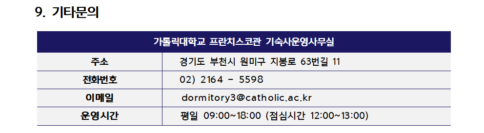 9. 기타문의  - 가돌릭대학교 프란치스코관 기숙사운영사무실  (1) 주소 : 경기도 부천시 원미구 지봉로 63번길 11  (2) 전화번호 : 02) 2164 - 5598  (3) 이메일 : dormitory3@catholic.ac.kr  (4) 운영시간 : 평일 09:00~18:00 (점심시간 12:00~13:00)
